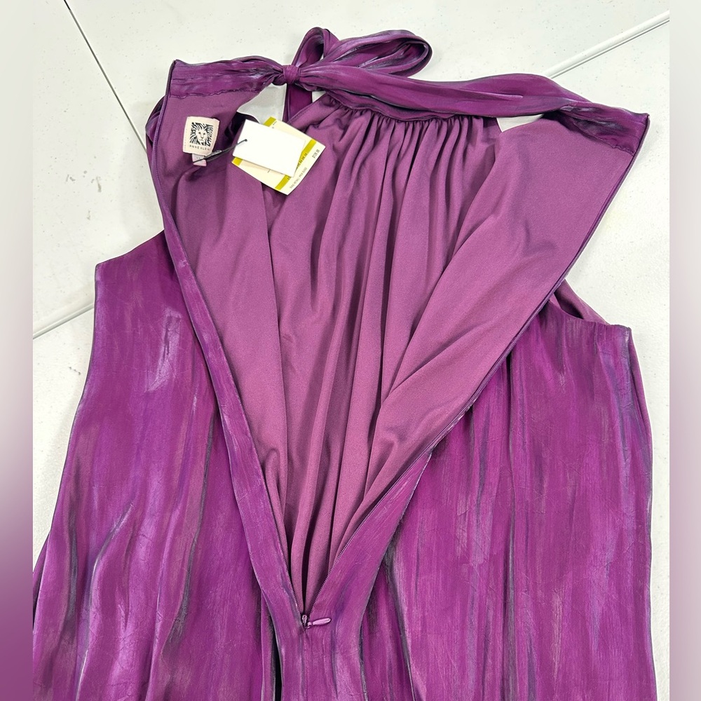 Anne Klein Iridescent Tiered Shift Dress Bow Tie Neck Party Cocktail Purple Bloo - Picture 10 of 15